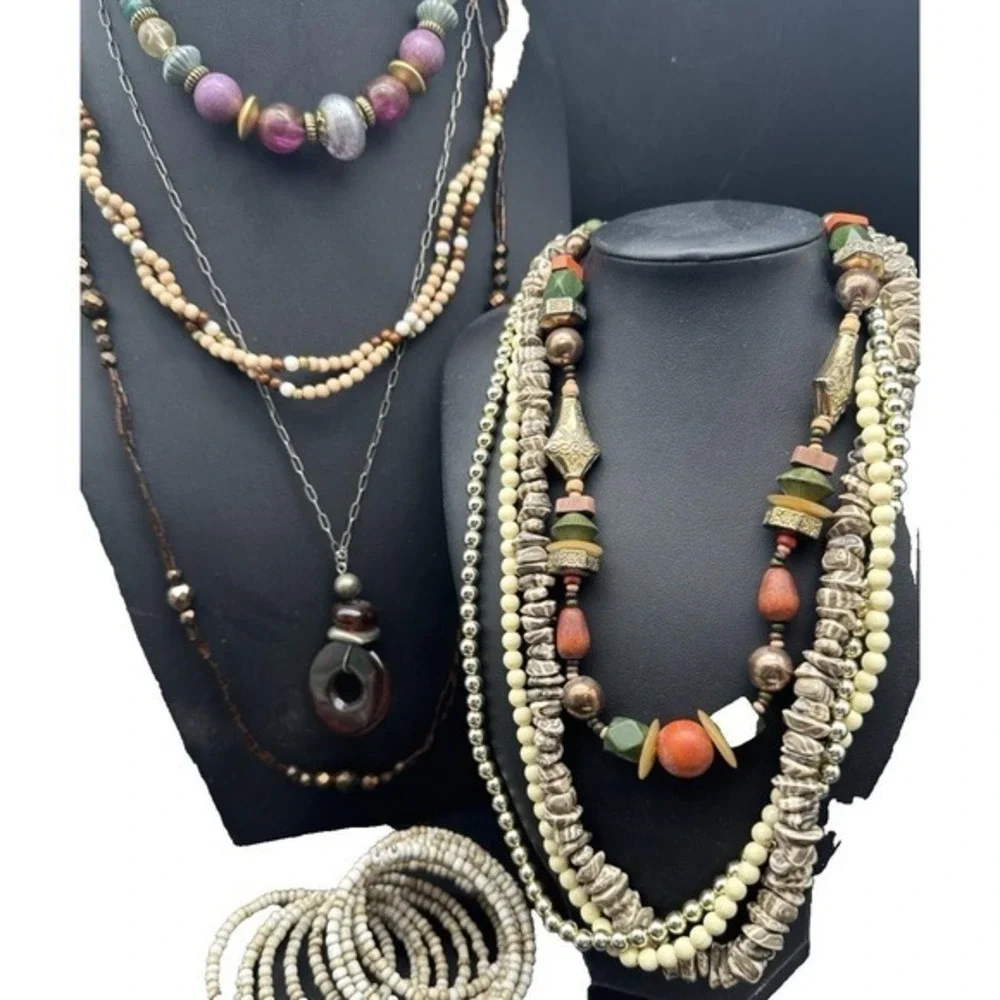 Vintage Lot Necklaces Robert Rose‎ Wood Boho Ethnic Stone Beaded Bronze Tone